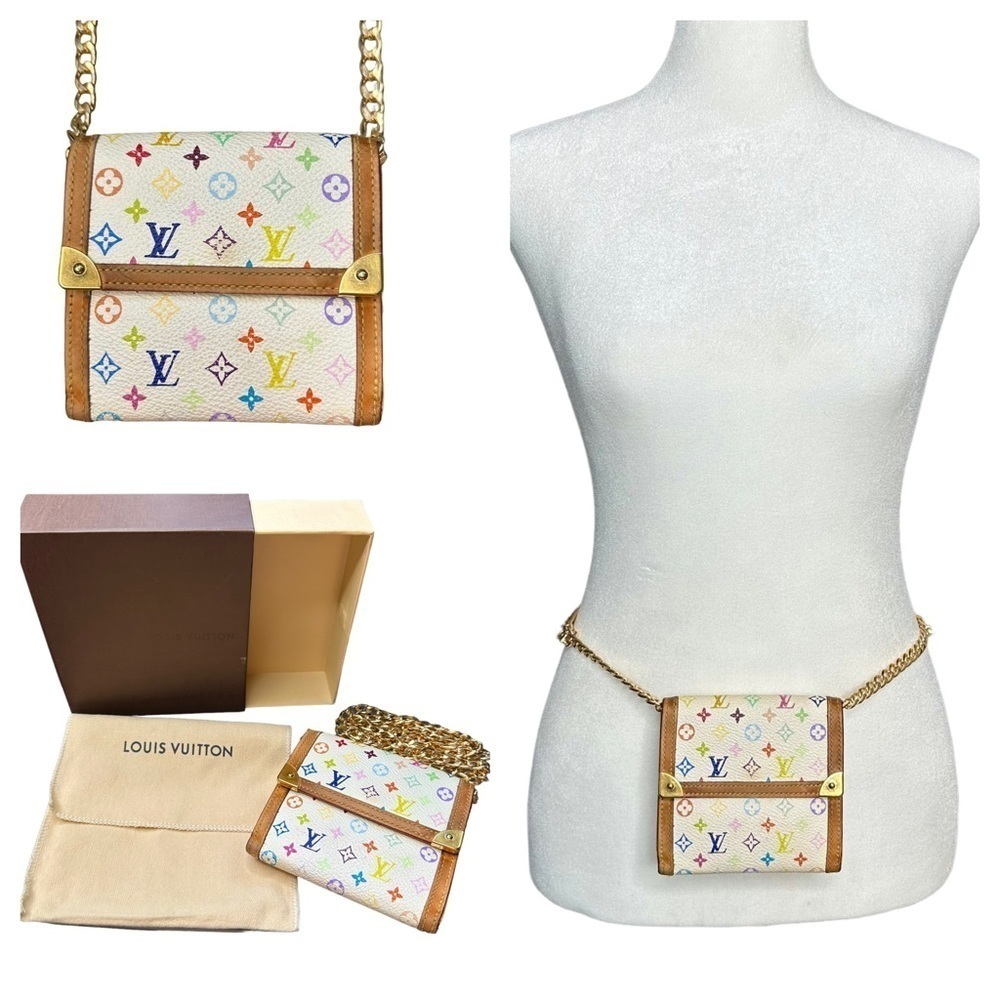 Authentic Louis Vuitton Murakami Multicolor White Leather Wallet Mini Belt Bag
